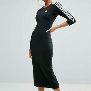 Adidas Original, Black Three Stripe, Bodycon, Fitted, Midi Dress, Size Small